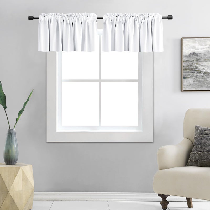 DONREN Pure White Pack of 2 Valances for Window 42 by 15 Inches Long - Rod Pocket Room Darkening Kitchen Valances - Image 1